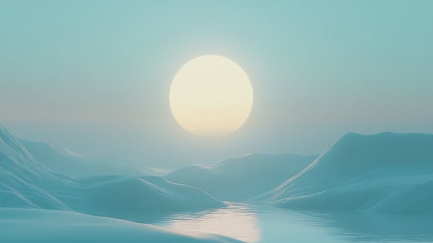This enchanting landscape features soft rolling hills under an illuminated sun, creating a mystical vibe where ethereal light dances across serene, calm waters in gentle waves. photo