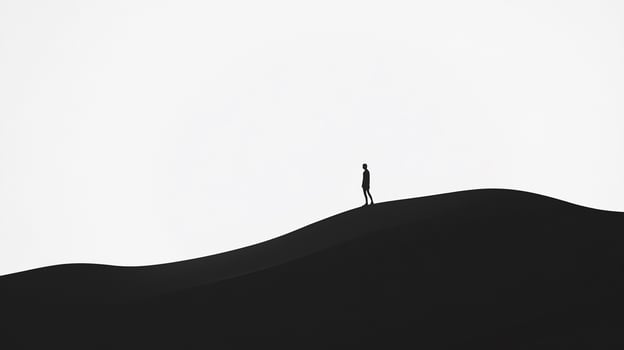 A solitary figure stands atop a dune, creating a stark contrast against a bright, minimalistic background, evoking feelings of solitude and introspection in a vast landscape. photo
