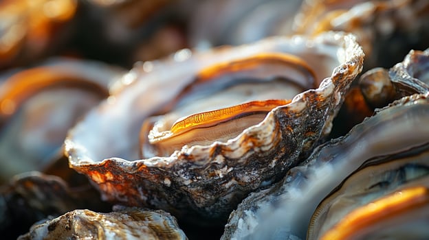 Beautiful open oysters lie scattered on the sand, capturing the essence of marine life while highlighting their natural elegance and the bounty ocean offers. photo