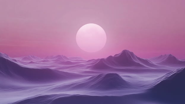 A mystical landscape featuring rolling purple hills against a vibrant sunrise, creating a dreamlike atmosphere that inspires wonder and tranquility. photo