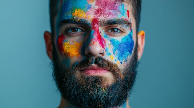 Man with colorful paint on his face in a studio. His beard is dark and he stares intently at the camera with an introspective look. photo