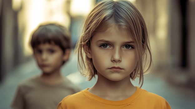 Two young children stand together in a narrow street with soft lighting, creating an intimate portrait of childhood friendships. photo