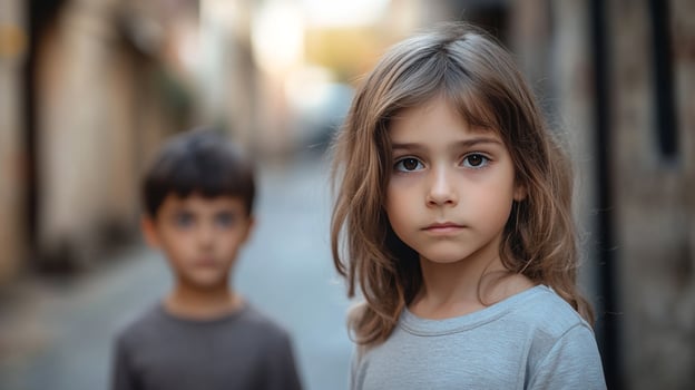 Portrait of two young children, one girl and one boy, standing in a blurry alleyway. The girl is in focus, while the boy stands behind her. photo