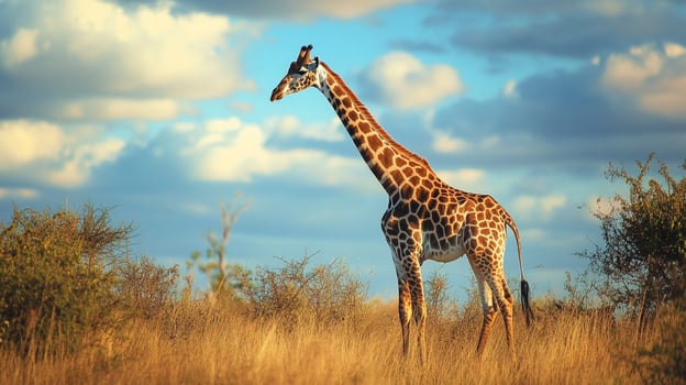 Giraffe standing tall in golden grassland, a serene scene of wildlife against a beautiful blue sky with fluffy white clouds. photo
