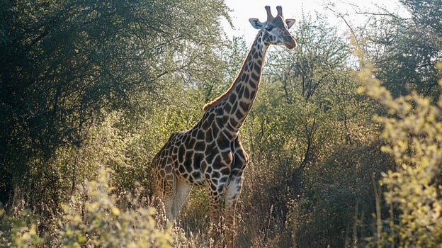 Giraffe stands tall amidst the lush green vegetation, a gentle giant gracefully blending into the natural beauty of the African savanna. photo