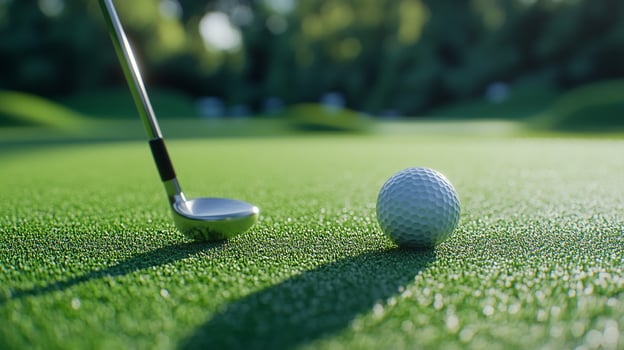 Golf ball ready to be hit on the green. A golf club rests, poised to strike. The green grass is manicured. photo