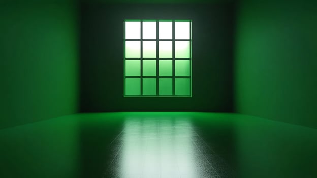 A room bathed in green light from a multi-paned window, reflecting on the floor. Serene and somewhat surreal interior space. photo