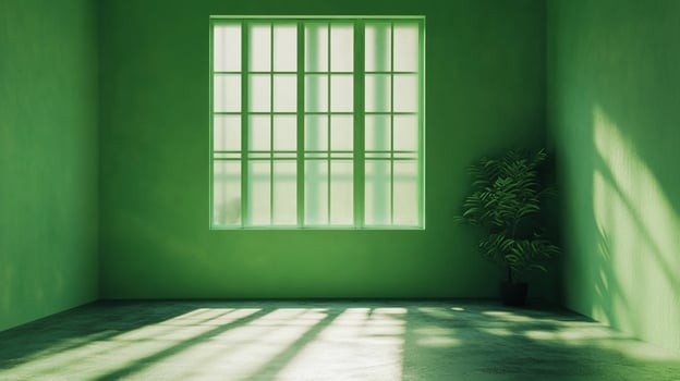 A luminous monochromatic green room, bathed in sunlight filtering through a window, creates a serene and vibrant indoor space. photo