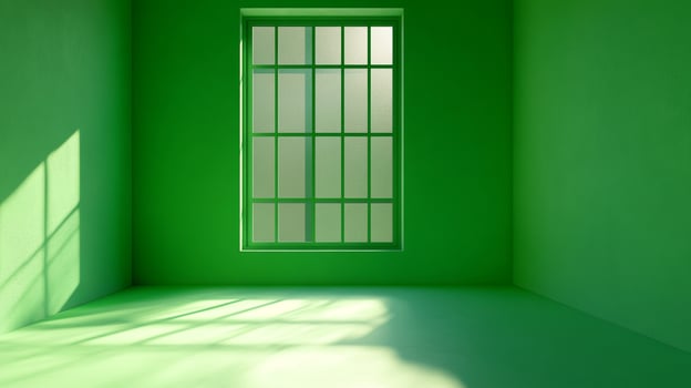 A minimalist, bright green room featuring a large window, casting geometric shadows. The room is simple, highlighting light and color. photo