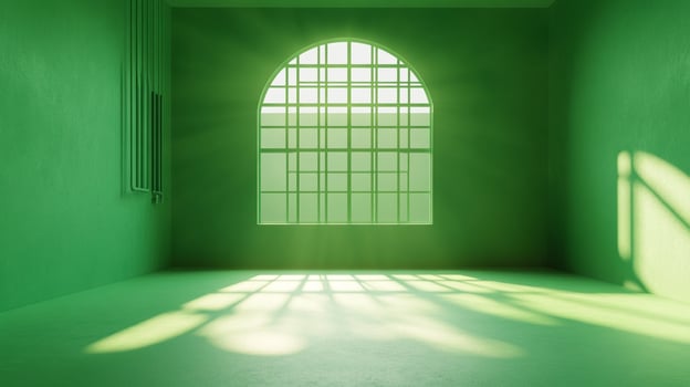 Monochromatic green room with a large window, showcasing light and shadow play on the floor, creating a sense of peacefulness and simplicity. photo