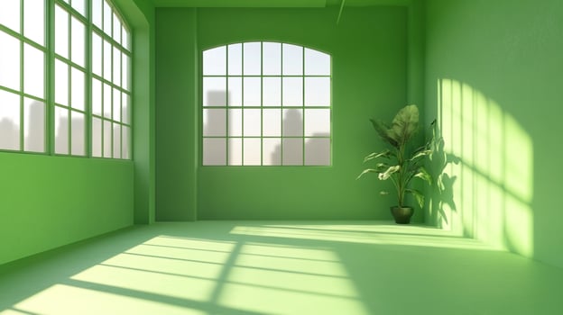 Green interior room bathed in sunlight, with arched windows and plant, creating a serene, minimalist aesthetic. Shadows add depth. photo