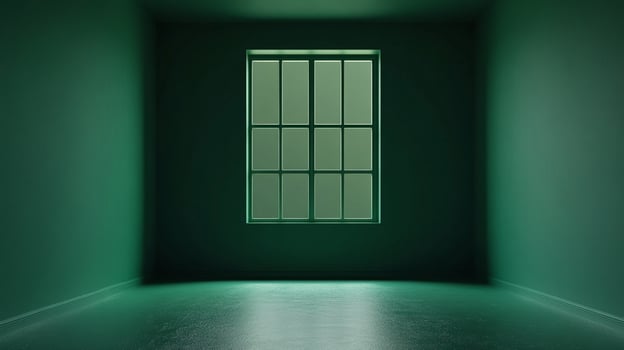 Minimalist green room with a window, creating a sense of calm and simplicity, perfect for a quiet retreat or peaceful contemplation. photo