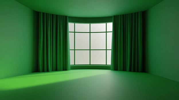 A monochromatic green room featuring a large window with curtains, showcasing minimalist interior design and creating a serene atmosphere. photo