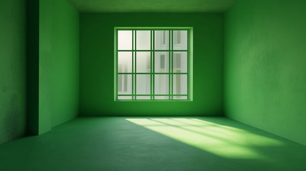 An indoor shot featuring an empty green room filled with natural light, with a window as the focal point, creating a serene atmosphere. photo