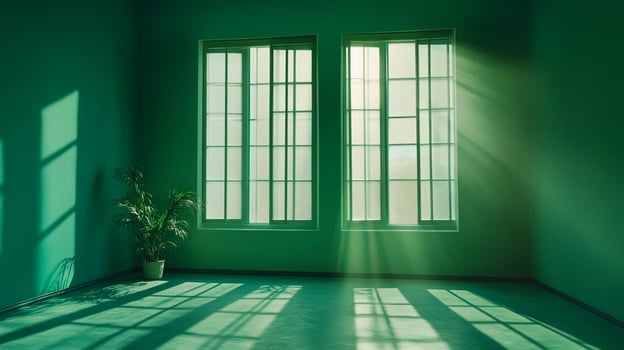 An empty green room filled with natural light streaming in through two windows, highlighting a potted plant in the corner. Serene scene. photo