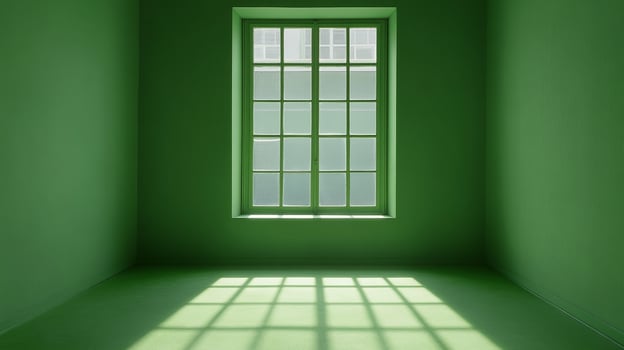 Green room with a window casting light and shadows on the floor, creating an austere and serene atmosphere in the minimalist interior. photo