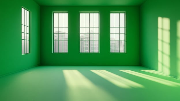 A monochromatic green room illuminated by sunlight streaming through windows, creating a serene and minimalist architectural space. photo