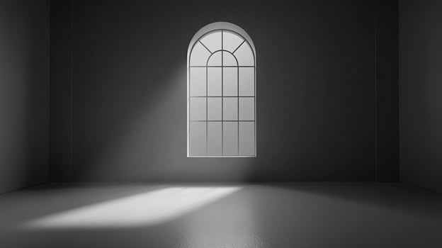An interior view of a monochromatic room with light streaming in through an arched window casting a shadow on the polished floor. photo