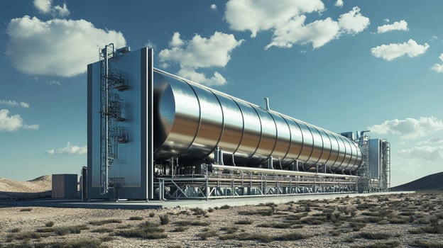 Industrial complex featuring a large cylindrical tank reflecting the sky in arid landscape, under blue sky with clouds. photo