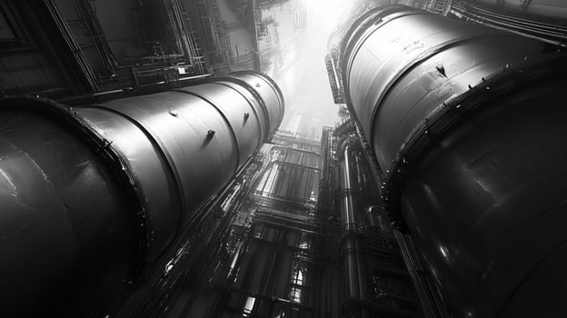 Industrial landscape with towering metal tanks and complex pipe systems stretching upwards against a bright sky, emphasizing scale. photo