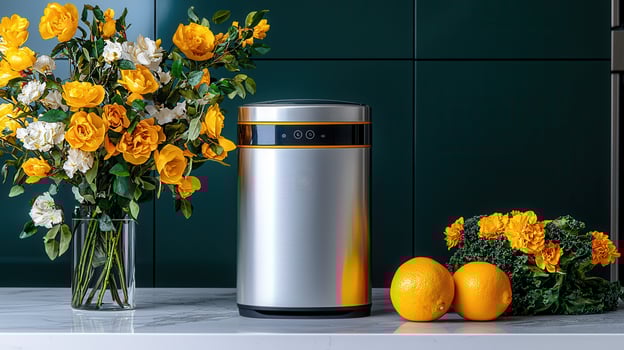 Modern kitchen appliance sits on counter near yellow flowers and oranges Stylish home decor with silver and gold accents photo