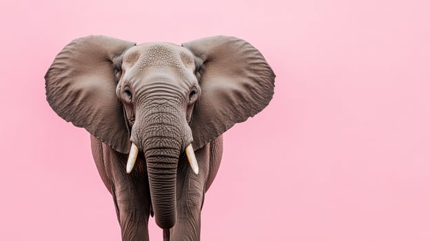 Elegant elephant portrait against a vibrant pink backdrop, showcasing its majesty and beauty in a minimalist aesthetic. photo