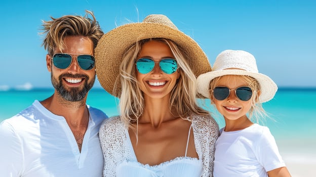 Happy family wearing sunglasses enjoying summer vacation at the beach Parents and child smiling on tropical holiday photo