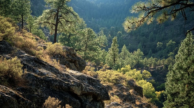 Sunlit mountain landscape with pine trees and rugged rocks, casting shadows on the hillside, creating a serene natural scenery. photo