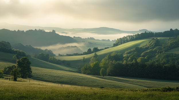A serene landscape of rolling hills blanketed in soft morning mist. Green meadows and lush trees create a peaceful, scenic vista. photo