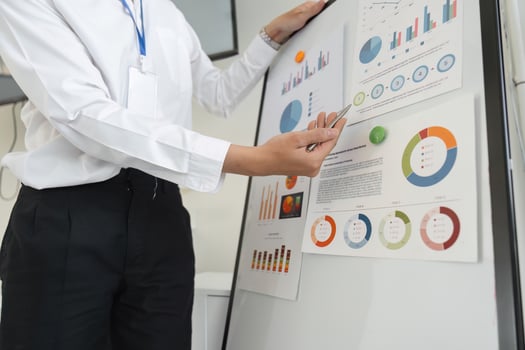 Close-up of a professional presenting financial data on a board in an office. photo