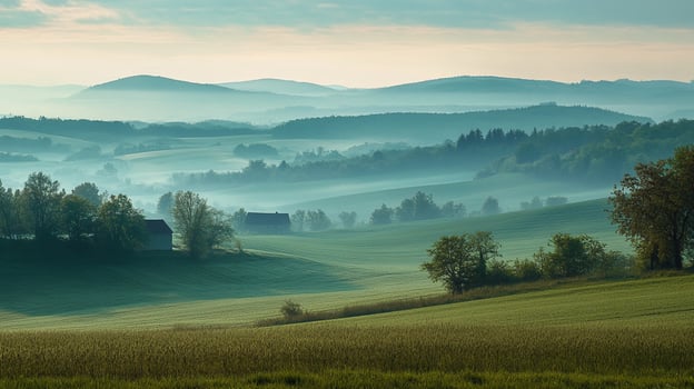 Misty morning in the countryside, with rolling green hills meeting a soft, hazy horizon. Serene landscape with a hint of rural life. photo