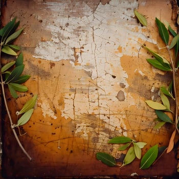 An old wooden wall with leaves and branches photo