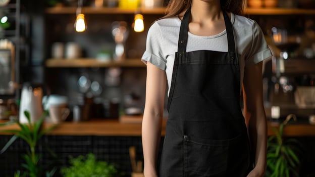 Woman in apron. Copy space in white uniform. Waiter wearing black mockup wear for brand or label. Kitchen or restaurant worker with copyspace apron photo
