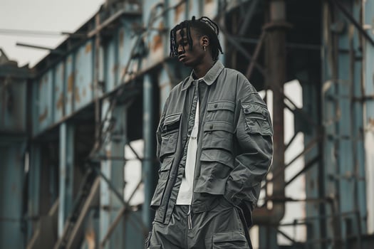 Fashion man in urban wear. Brutal fashionable young man. Cool trendy modern clothes. Casual adult person. Street outfit portrait in lifestyle clothing photo