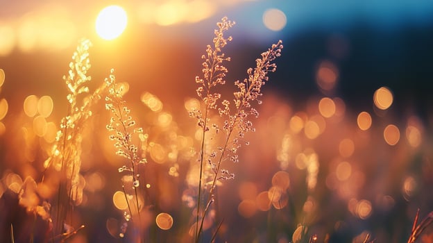 Golden sunset casting a warm glow over a field of delicate wildflowers, creating a serene and peaceful natural scene. photo