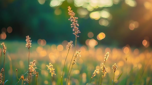 Golden hour illuminates a field of grass, creating a dreamy bokeh background, with individual stalks highlighted by the warm light. photo