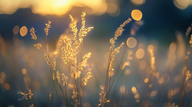 Golden hour bathes tall grasses, creating a bokeh dream. Warm light dances in a field of swaying beauty. photo