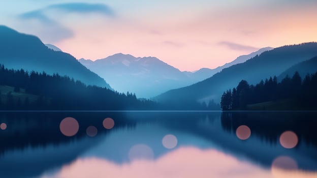 Serene mountain lake reflecting twilight hues, surrounded by tranquil forests. A moment of peaceful stillness in the great outdoors. photo