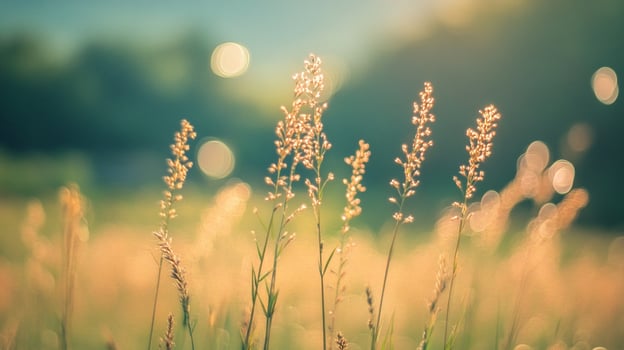 Golden field plants reach for the sun, bathed in a warm, ethereal glow. Nature's beauty in a dreamy, sun-drenched meadow landscape. photo