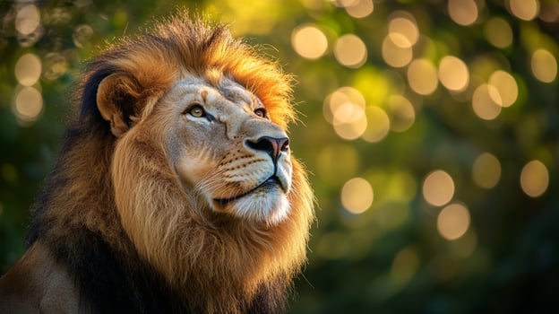 Majestic lion portrait with bokeh background, headshot featuring detail of the king of the jungle's mane and focused gaze into the distance. photo