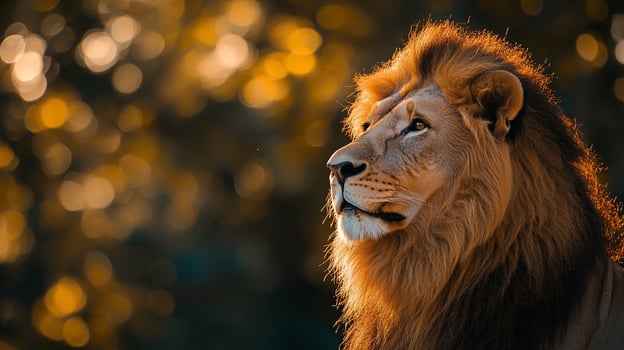 Majestic lion portrait gazing off into the distance, bathed in golden sunlight, with a blurred bokeh background, regal, and powerful. photo