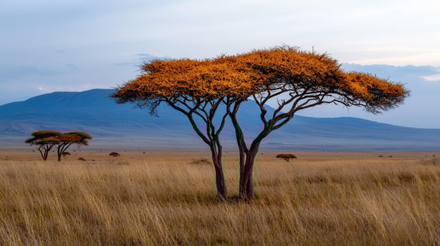 African Savanna Landscape Golden Acacia Tree Sunset Serengeti Plains Grassland Safari photo