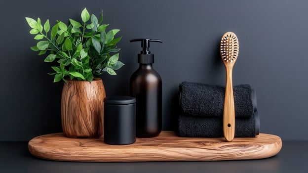 Modern Bathroom Essentials Dark Colored Bottles Wooden Brush and Stylish Towels on a Wooden Tray photo