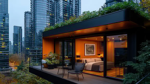 Modern Urban Balcony Bedroom Suite with City View and Green Roof Terrace photo