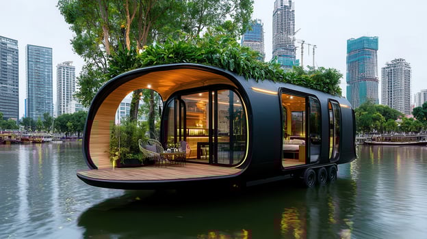 Modern Eco Friendly Floating Home on Calm Water near City Skyline at Dusk Luxurious Tiny House Design photo