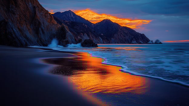 Dramatic Sunset Over Ocean Beach Coastal Cliffs Vibrant Sky Colors Seascape photo