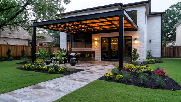 Modern Home Backyard Patio Design with Pergola Landscaping and Walkway photo