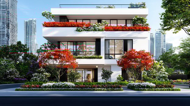 Modern Luxury White House with Red Flowers and City Skyline View Beautiful contemporary architecture home design photo