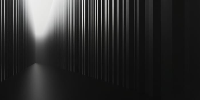 A monochromatic image featuring parallel vertical lines creating an abstract corridor, ending with a burst of light in the distance. photo