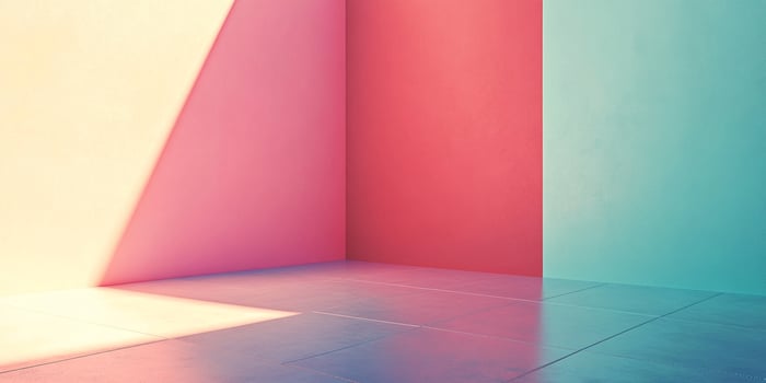 A minimalist interior showcases a corner with colorful walls, tiled floors, and gentle shadows, ideal for modern presentation or display. photo